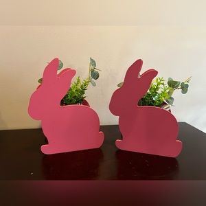 Easter Decor Bunny Plant Planter Pink ~Wooden set with faux plants